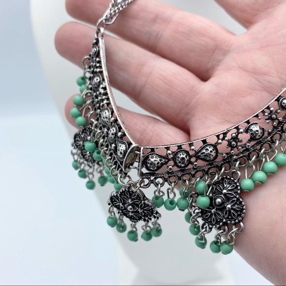 Southwestern Boho Silver Tone Multi Strand Dangling Beaded Statement Necklace - Picture 14 of 14